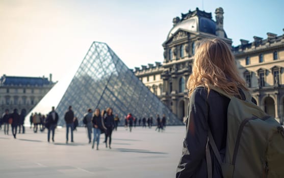 Young female tourist backpacker travelling aroung the world. Travel Destination - Paris, France