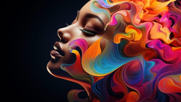 Expressive profile of a woman glamorous colorful gradients. Brain Splash Concept. Artificial Art
