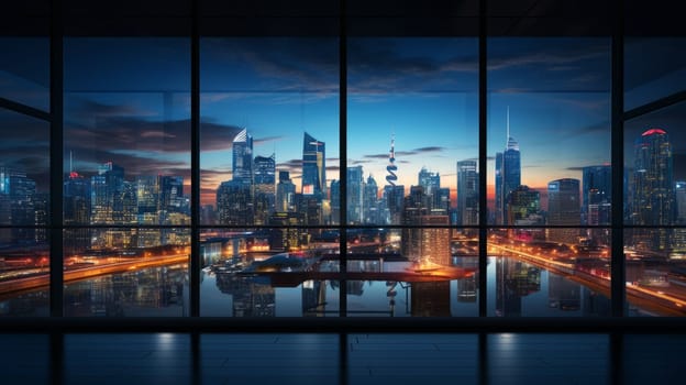 Concept of futuristic modern skylines illuminated in a fictonal metropolis. Generated with Artificial Art