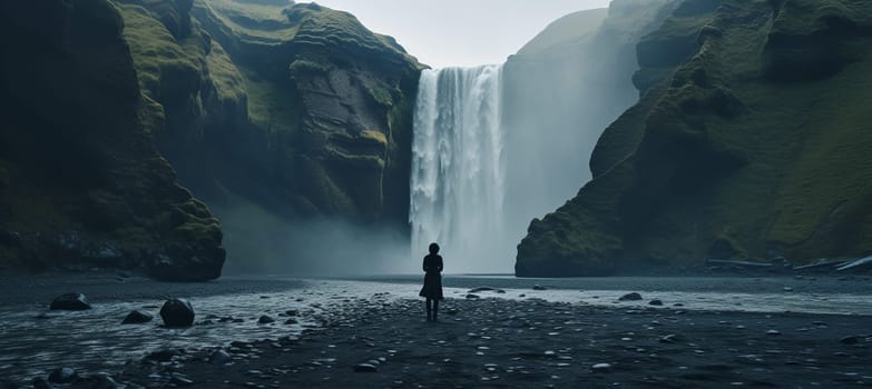 A woman explores new, magical, and fantastic places around the world, surrounded by nature and spreading her arms to breathe and relax. Female hiker crossing the forest creek.