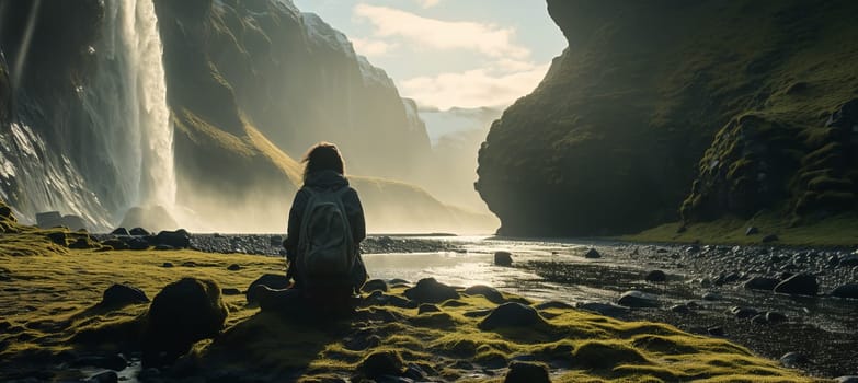 A woman explores new, magical, and fantastic places around the world, surrounded by nature and spreading her arms to breathe and relax. Female hiker crossing the forest creek.