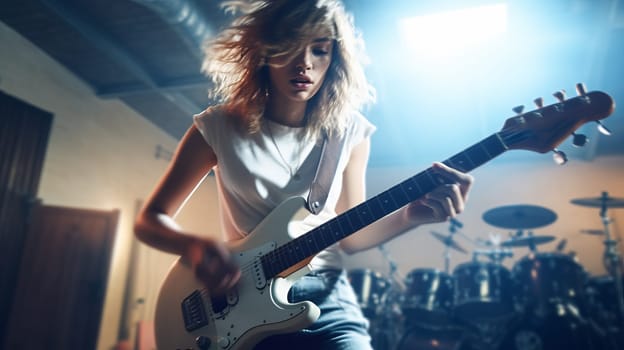 A young woman playing electric guitar.