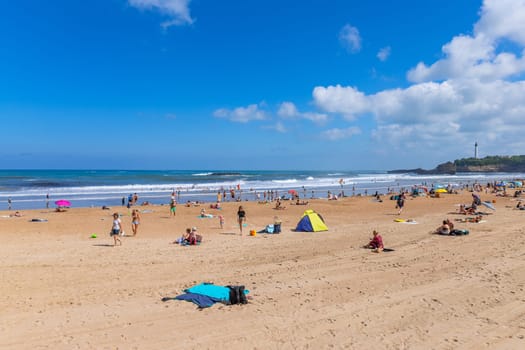 Biarritz, France, July 03, 2023: People at the beach Grande Plage (Big beach) in the French resort town of Biarritz.