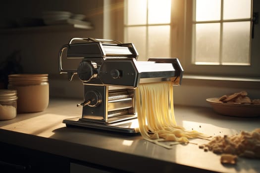 Female preparing homemade tagliatelle with machine,selective focus