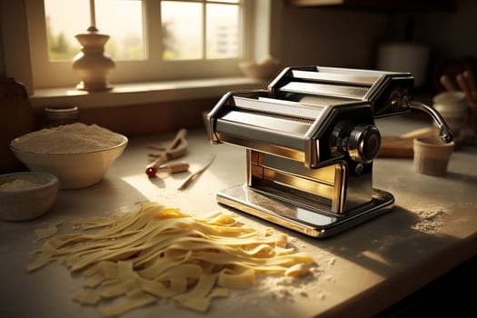 Female preparing homemade tagliatelle with machine,selective focus