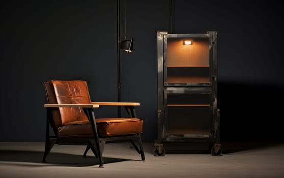Designer Furniture Idea, Inspiration - Stainless Steel Insdustrial Styled Cabinet and brown leather seat.