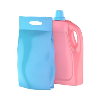 Pink liquid detergent bottle and blue washing powder bag on white background