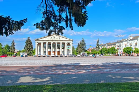 beautiful central square in Chernihiv with beautiful dramatic theatre. View of the Drama Theater in Chernihiv. Drama theater in Chernihiv. View across square