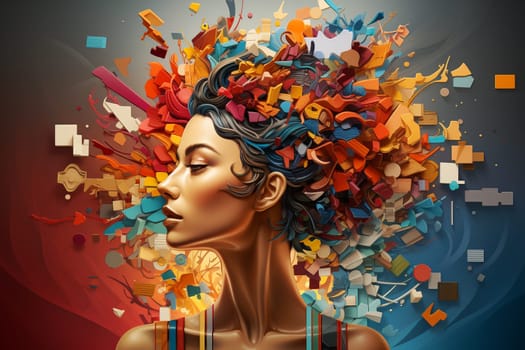 Creative brain with colorful puzzle pieces, human mind and consciousness, positive thinking, brainstorming for ideas, mental health concept