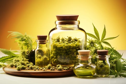 Hemp oil and alternative medicine in jar, medical marijuana, cannabis leaves, narcotic drug