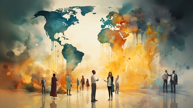 Meeting of people, planet earth with world map, brainstorming for ideas and environmental solution, global teamwork