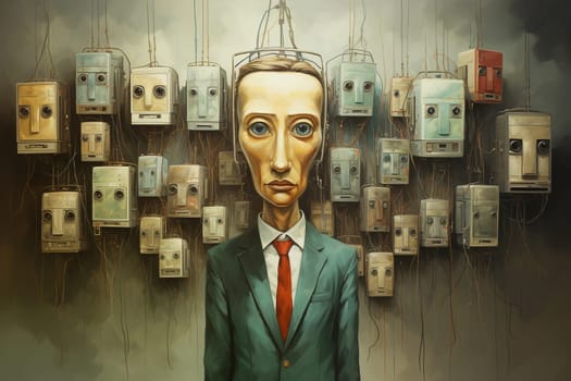 Man with TV screen on the brain, addicted to social media, manipulation and mind control, by media, teenager disconnected to reality