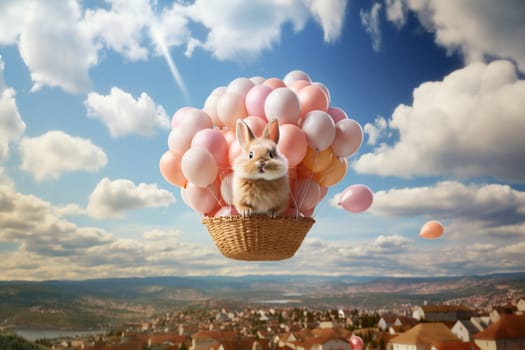 Easter bunny or rabbit sitting in a wicker basket with balloons and flying to the sky, holiday in spring