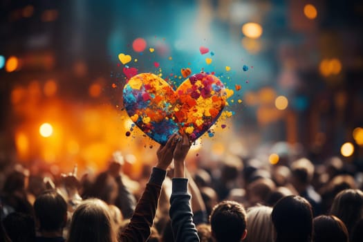 Crowd of multicultural people, colorful hearts in the sky, Freedom day, zero discrimination, human right celebration, friendship and support