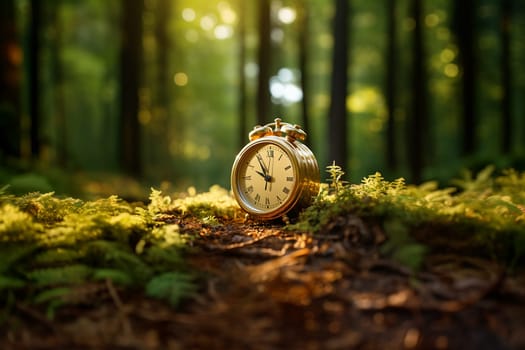 World earth hour, alarm clock stands in the forest, turn off lights, save energy, protect nature and planet earth, environment and ecology