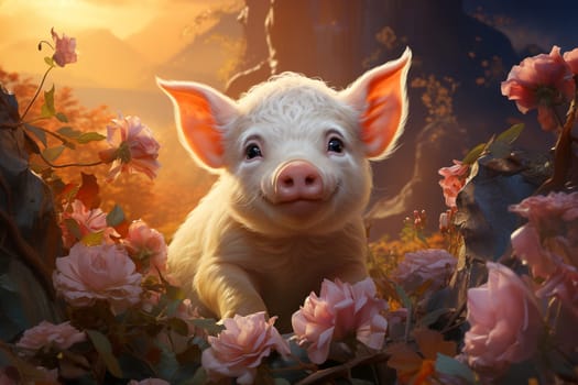 Pig on the meado in spring, funny pink piglet with flowers, animals on the farm