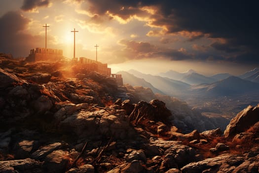Three cross on the mountain, sun light, belief, faith and spirituality, crucifixion and resurrection of Jesus Christ at Easter, Jerusalem
