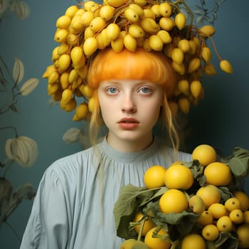 Portrait of a woman with fruit in her hair, yellow lemons or dates, healthy eating, harvest