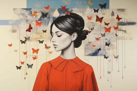 Woman, butterflies flying around her head, positive mind, personal development and self esteem, love and emotion concept