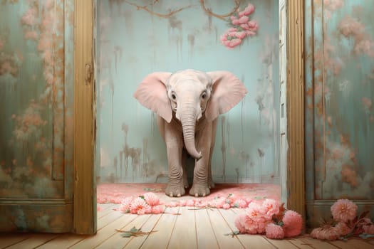 Cute baby elephant standing in a room with cherry flowers, animal concept, pastel color