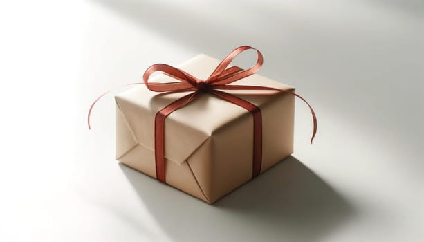 Gift box with terracotta red ribbon. Created using AI Generated technology and image editing software.