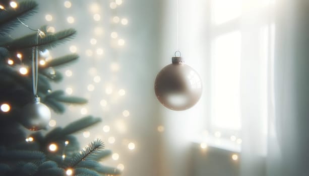 Silver bauble on indoor fir tree. Created using AI Generated technology and image editing software.