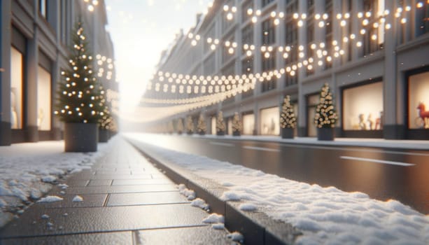 Winter street with festive lights. Created using AI Generated technology and image editing software.
