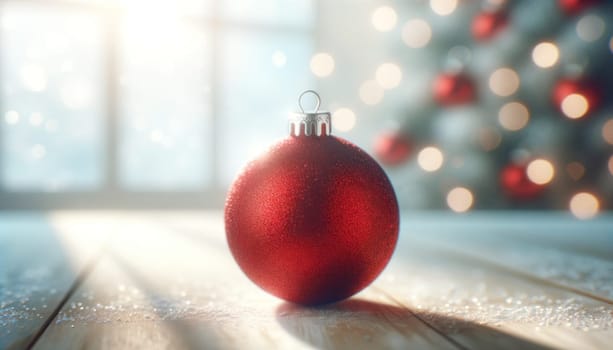 Sparkling crimson bauble with bokeh. Created using AI Generated technology and image editing software.