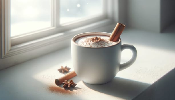 Cinnamon topped cocoa in matte cup. Created using AI Generated technology and image editing software.