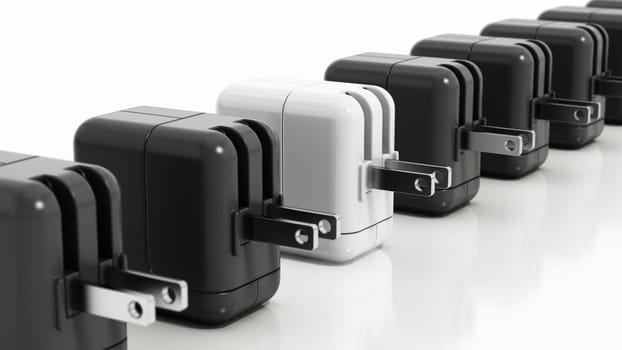 Contemporary smartphone fast chargers in a row. 3D illustration.