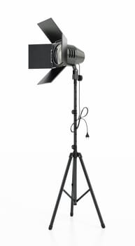 Stage spotlight on tripod isolated on white background. 3D illustration.
