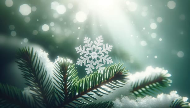 Winter snowflake on pine foliage. Created using AI Generated technology and image editing software.