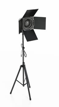 Stage spotlight on tripod isolated on white background. 3D illustration.