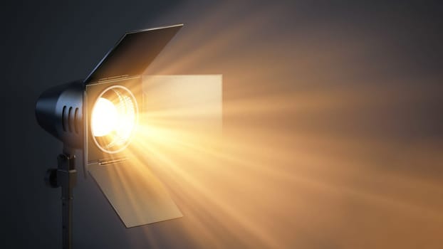 Spotlight illuminating the darkness. Copy space on the right. 3D illustration.