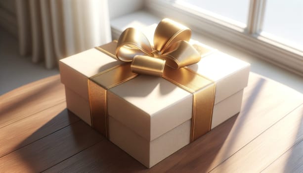 Golden ribbon on cream gift box. Created using AI Generated technology and image editing software.