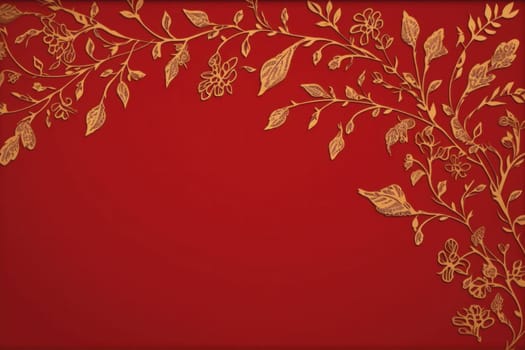 golden elegant Christmas ornament on red background with copy space.Greeting Christmas card.