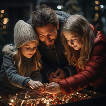 dad with children at the Christmas market. concept of family and holidays