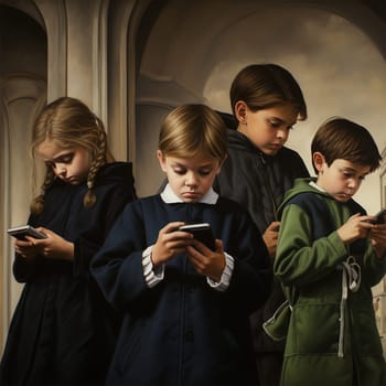 a group of teenagers are immersed in online life. Gadget addiction concept