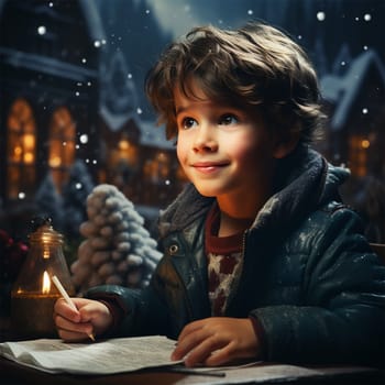 boy writing a letter to Santa Claus on a blurred Christmas background. Christmas and New Year theme