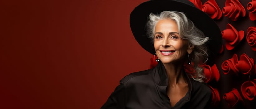 beautiful slender gray-haired woman . Woman posing on a red background. Advertising of fashionable women's clothing and accessories.