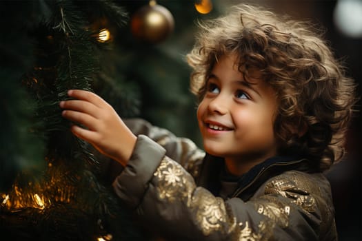 Portrait of a happy little child collecting decorations for the Christmas tree .