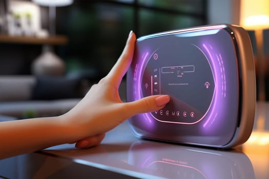 hand programs holographic control panel. concept of a smart home or security system