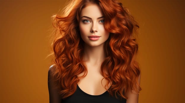 portrait of a stylish red-haired woman model with lush wavy hair on a color background. poster, copy space