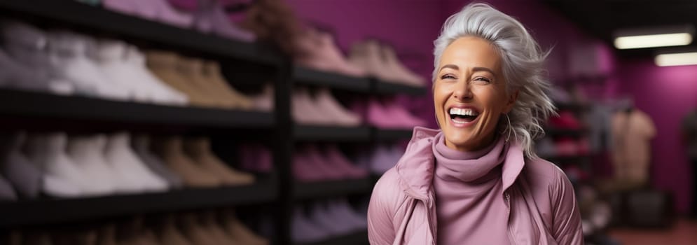 cheerful beautiful woman with gray hair against the background of shelves with shoes in the store. concept of sale of discounts and holidays.