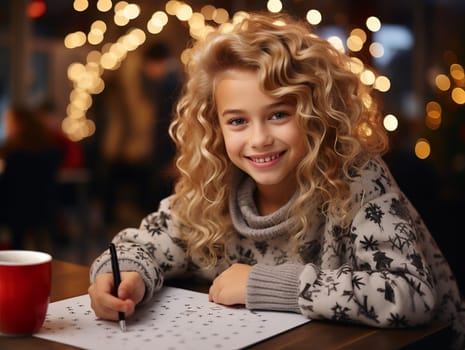 Blonde girl writing a letter to Santa Claus or drawing something on a Christmas decorated background. Christmas and New Year theme