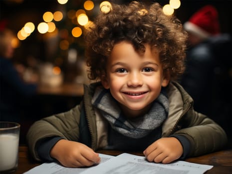 boy writing a letter to Santa Claus or drawing something on a blurred Christmas market background. Christmas and New Year theme