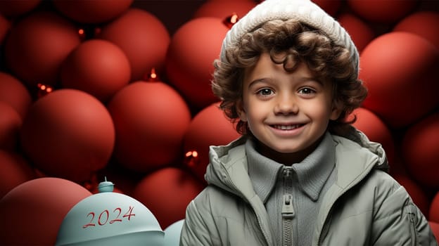 cute curly baby on background of Christmas decorations. High quality photo
