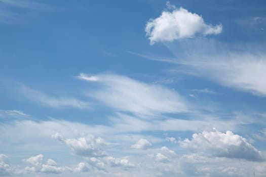Panorama of white clouds in blue sunny bright sky in summer. High quality photo