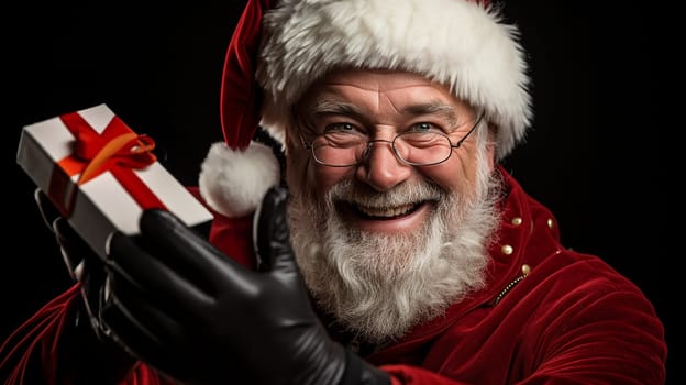 Happy Santa Claus holding a Christmas gift on a color background.copy space