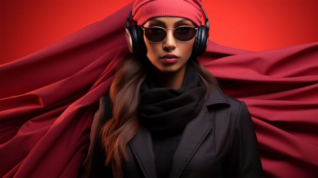 Young beautiful slim woman wearing sunglasses wearing headphones. Woman posing on a red background. Advertising of fashionable women's clothing and accessories.